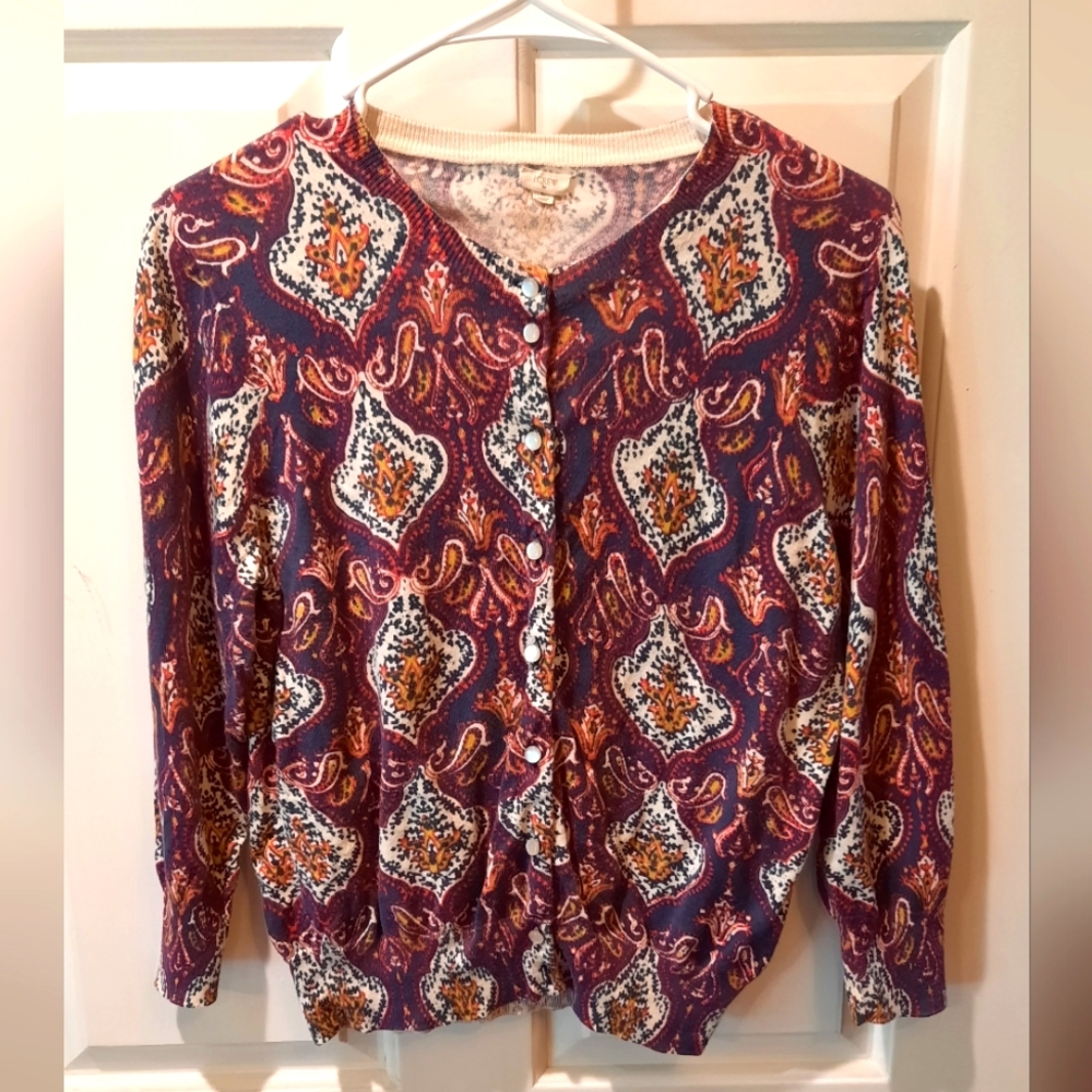 J.Crew Sweater Large Purple Paisley Button Down Cotton Cardigan Preppy